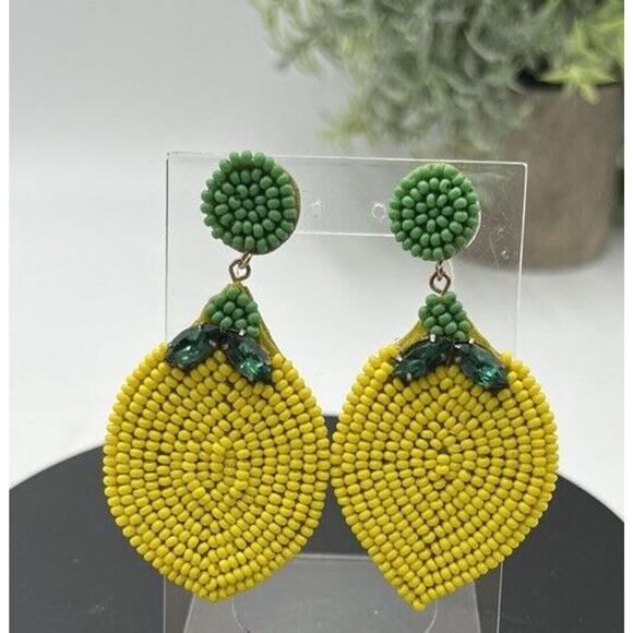 Lemon Hand Made Yellow Green Seed Beads Dangle Pierced Green Rhinestone Earrings - Picture 2 of 9